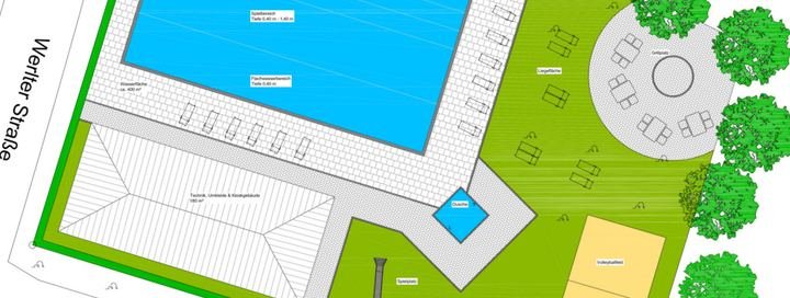 Erster Entwurf eines Lageplans für ein neues Schwimmbad an der Werlter Straße