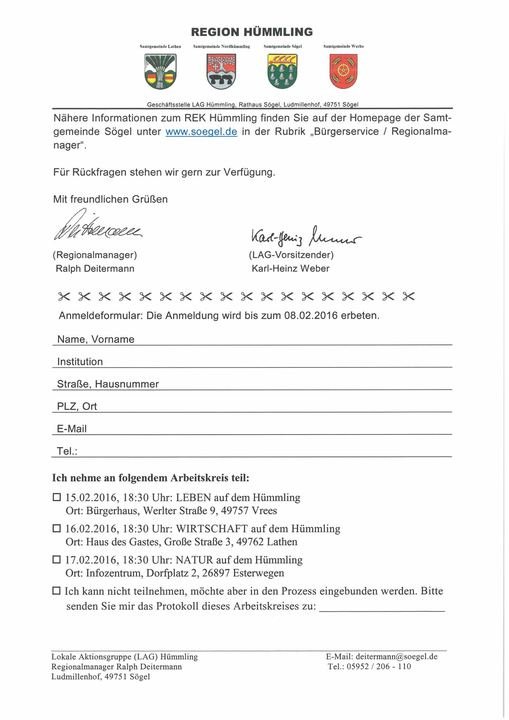 Anmeldeformular der LAG Hümmling für die Arbeitskreise