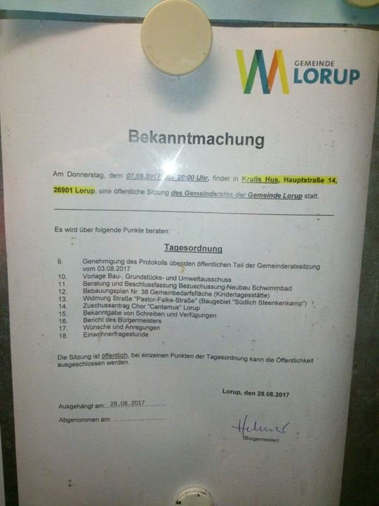 Bekanntmachung der Gemeinde Lorup zur Ratssitzung am 07.09.2017