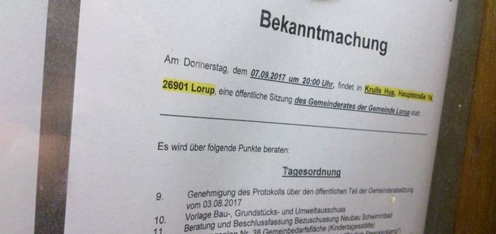 Ausschnitt der Bekanntmachung mit der Tagesordnung