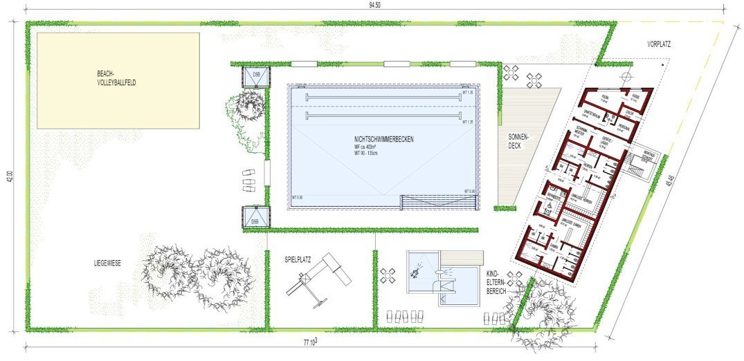 Gesamtgrundriss des geplanten Freibads mit Becken, Hauptgebäude, Liegewiese, Spielplatz und Beachvolleyballfeld